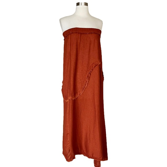 T. ZOVICH Strapless Dress Maxi Rust Brown Raw Hem Medium Boho Resort Raw Hem - Picture 1 of 10